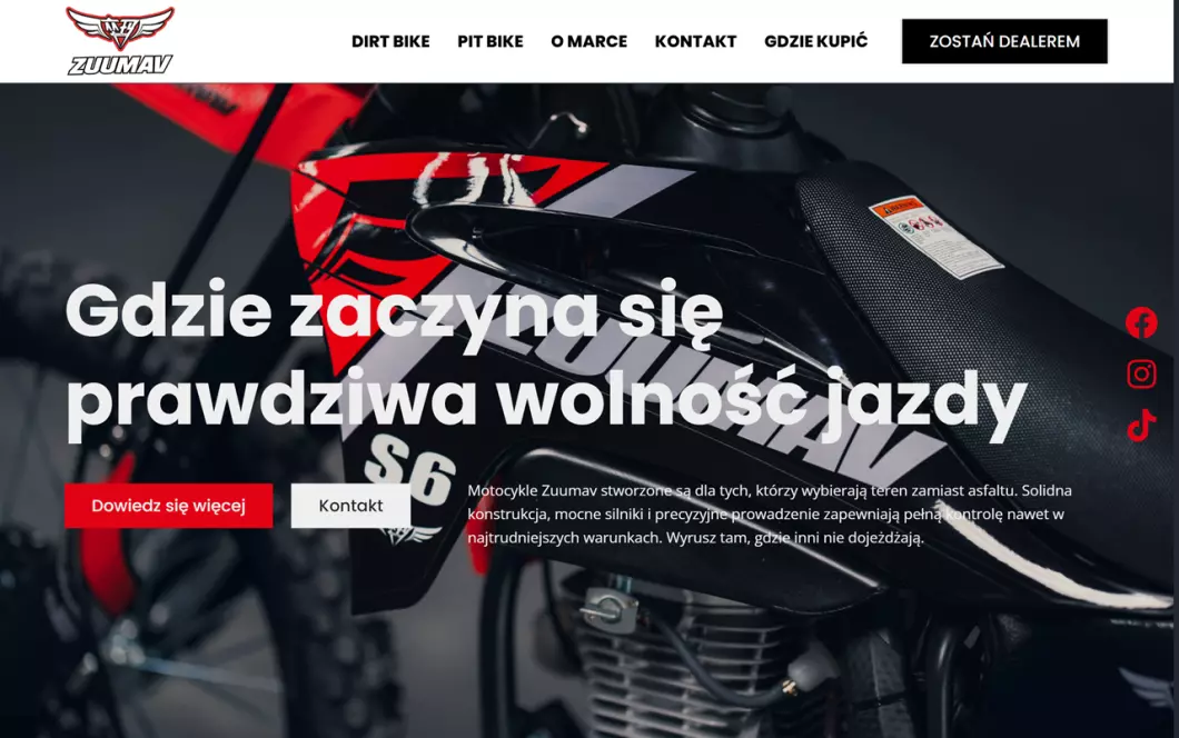 Zrzut ekranu strony Zuumav - motocykle terenowe