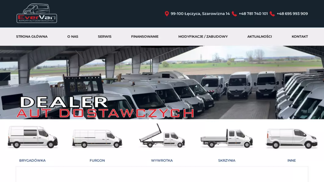 Zrzut ekranu strony Import aut dostawczych - EverVan