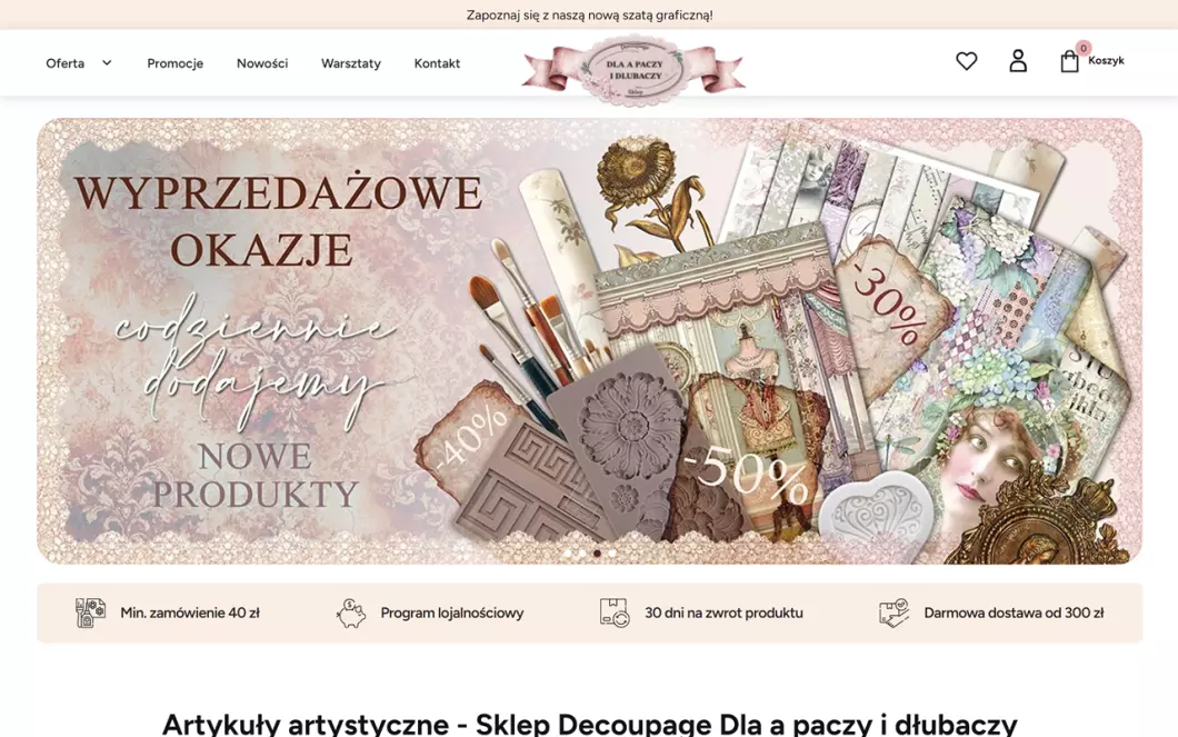 Zrzut ekranu strony Artykuły artystyczne - Dla A Paczy i Dłubaczy