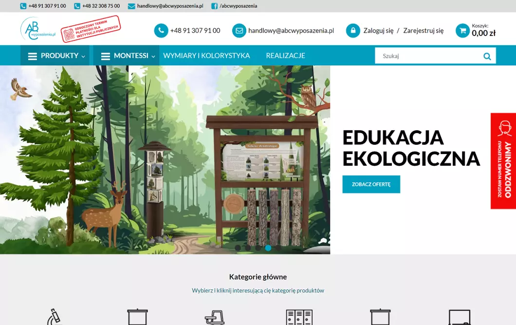 Zrzut ekranu strony Wyposażenie szkół - ABC Wyposażenia